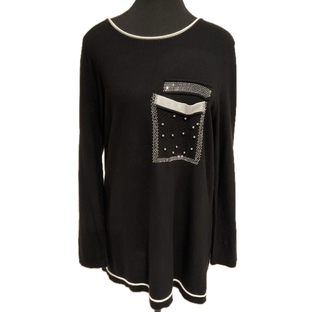 TRICOTTA LULU LOVE  Elegant Long Black top  with Embellished Trim & pocket.